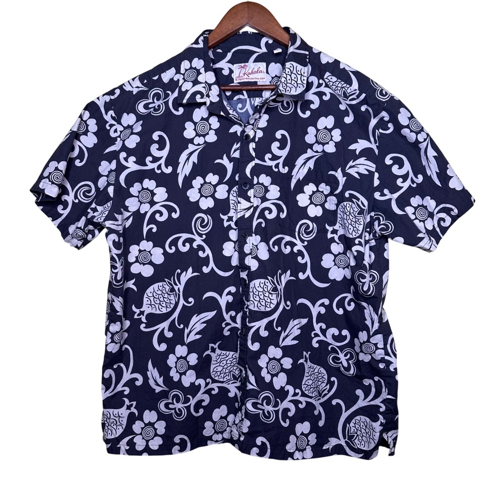 Kahala Mens XL Aloha Shirt Navy Blue White Floral Pineapple Cotton Hawaii Made